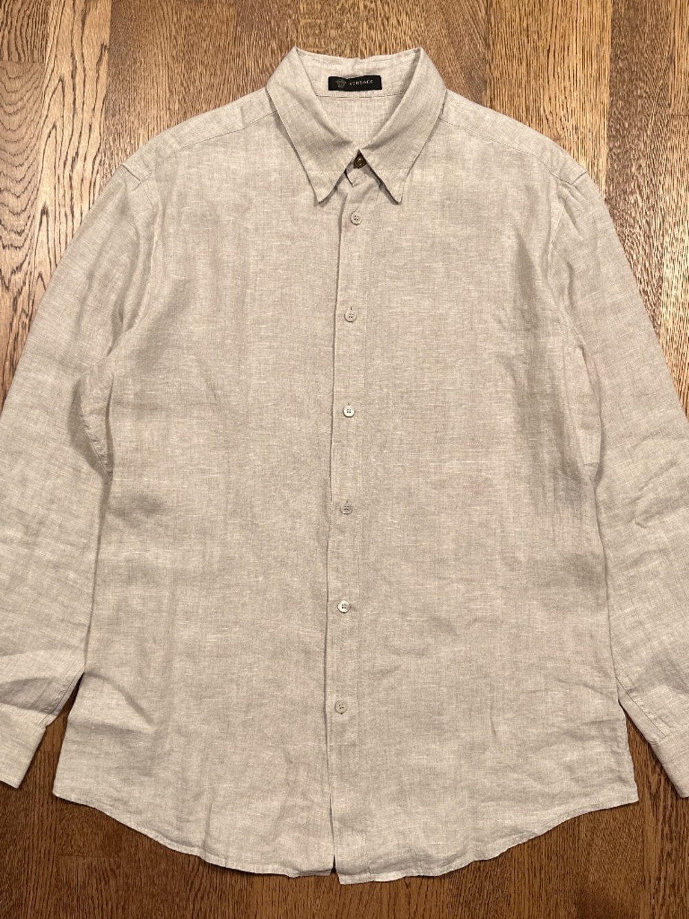 Versace Mainline Gold Button Linen Beige Slim L/S Button Shirt Mens 40